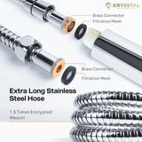 Triple Flow Hand Shower extra-long stainless steel hose with brass connectors and filtration mesh on a white background.