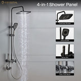 4-in-1 shower panel with various components like overhead shower, hand shower, spray shower and foam flow spout on a gray background.