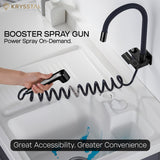 Glossy black piano kitchen tap with hand-held shower feature with the tagline "Great Accessibility, Greater Convenience" at the bottom on a white backdrop.