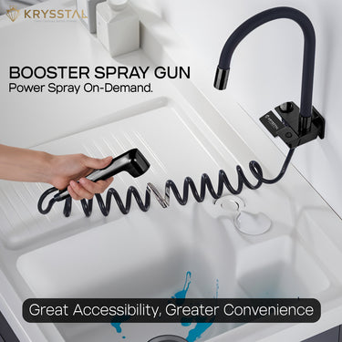 Glossy black piano kitchen tap with hand-held shower feature with the tagline "Great Accessibility, Greater Convenience" at the bottom on a white backdrop.