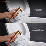 Rose gold colored health faucet with a controllable pressure and powerful concentrated spray shown in two different images.