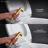 Gold health faucet with adjustable pressure and concentrated spray, displayed in two images.