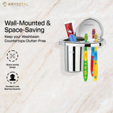 Silver stainless steel toothbrush holder with 3 toothbrush and 1 paste inside it & showing 2 benefits on left side mounted on white and red texture wall