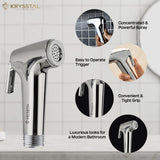 Handheld shower highlighting features like concentrated & powerful spray, easy to operate trigger & tight grip.