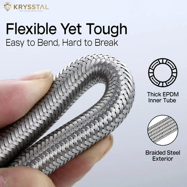 The flexible yet tough product with braided steel exterior and thick EPDM inner tube, held by a hand.