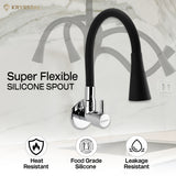 Kitchen wall tap with dual spray function and durable black silicone spout with shadow on a backdrop with "Super flexible silicone spout" tagged & its features on the bottom.