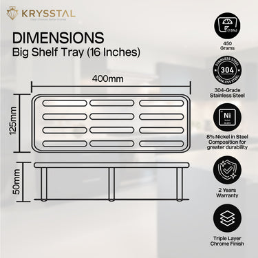 The dimensions of the silver medium wall tray shelf with its features on the right side on white background.