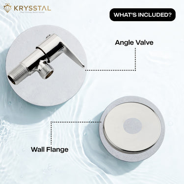 Heavy-duty silver plumbing valve with its included highlighted parts like the angle valve and the wall flange.