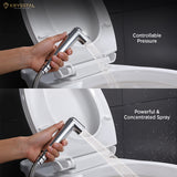 A silver handheld health faucet spraying water into a white toilet, shown in two images demonstrating controllable pressure and powerful concentrated spray features.