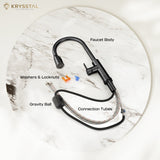 Matte black kitchen mixer tap with a round swivel spout with highlighting the faucet body, washers & locknuts, gravity ball, connection tubes put on a white with black texture design top on a white background