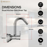 A silver kitchen sink mixer tap dimensions in mm with a warranty & features on a light background
