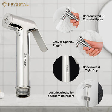 Topaz Brass Health Faucet shower head with various handheld features highlighted on a white background