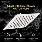 A silver overhead rain shower with nozzles & how-to-use guidance on a black with water background