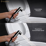 Black handheld health faucet with controllable pressure and powerful concentrated spray, shown in use with toilet seat.