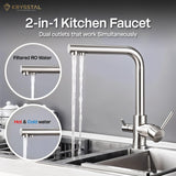 The 2 in 1 Silver kitchen faucet set with an extra filtered RO water & Hot & Cold Water tap, on grey backdrop.