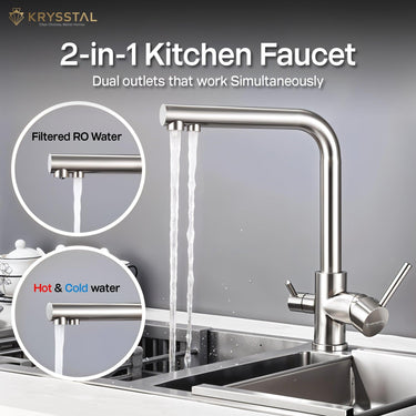 The 2 in 1 Silver kitchen faucet set with an extra filtered RO water & Hot & Cold Water tap, on grey backdrop.