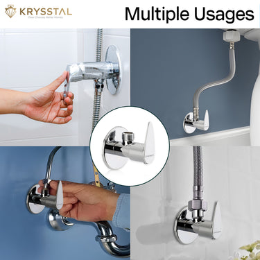 A wall-mounted, mirror-finish angle valve with multiple usages and 2 handheld photos with its controller on a white tile background.