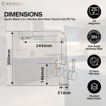 Krysstal Aquify Black 2-in-1 Kitchen Sink Mixer Faucet with RO Tap dimensions and features on the right side on a light background.