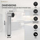 Chrome magnetic 304-SS health faucet gun with dimensions and material details on the right side on a blurred background.