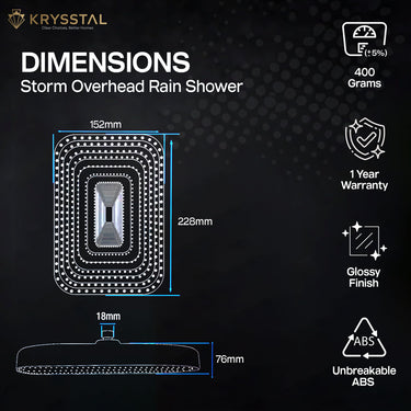 Storm Overhead Rain Shower dimensions and 4 features on a dark background.