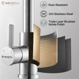 Krysstal faucet with 3 features highlighted like rust-resistant, 304 stainless steel & triple layer brushed nickle polish on a gray background