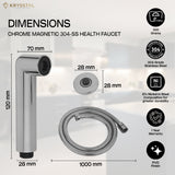 Health faucet shower gun with magnetic wall hook and flexible shower tube, showing dimensions and features on the right side over transparent background.