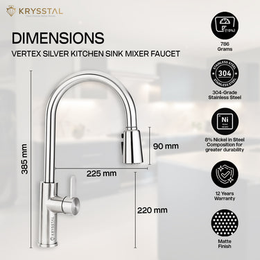 The dimensions of a silver matte finish kitchen sink in mm with mixer tap with warranty & features on a white transparent background.