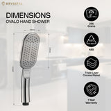 A silver finish ABS hand shower dimension details with its features on the right side on a white transparent background.