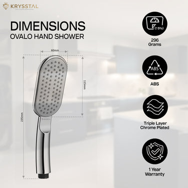 A silver finish ABS hand shower dimension details with its features on the right side on a white transparent background.