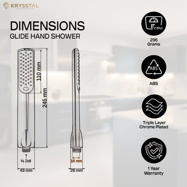 The Glide ABS Hand Shower with 304-SS Flexible Shower Tube dimensions are detailed with its features on the right side on a white transparent background.
