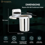 The detailed dimensions of the elegant steel toothbrush holder with its features at the bottom on a green background.
