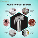 Multi-purpose sprayer with usage for toilet cleaner, baby shower, washing the floor, washing the car, pet shower and watering flowers.