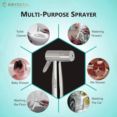 Multifunctional sprayer with uses for toilet cleaning, watering flowers, baby shower, pet shower, washing floor, and car washing on a teal background.
