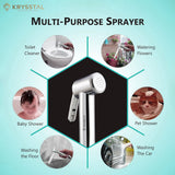 Silver sprayer health faucet gun showcasing versatile applications on light blue backdrop.