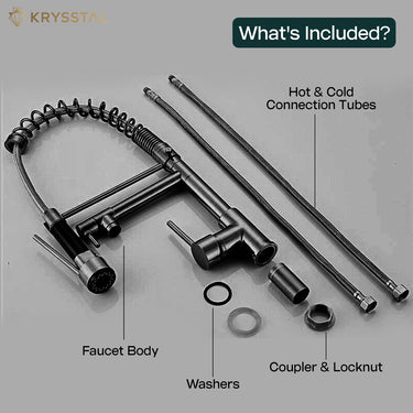 Krysstal kitchen faucet assembly with labeled parts like connection tubes, washers & coupler locknut on a gray background
