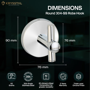 Product display of a silver wall hook with an upright bar, dimensions, warranty, and features on a green background.