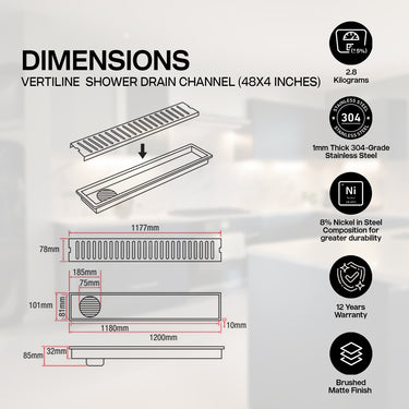 Vertiline 304-SS (48"x 4") Shower Drain Channel with Cockroach Trap - Center Hole