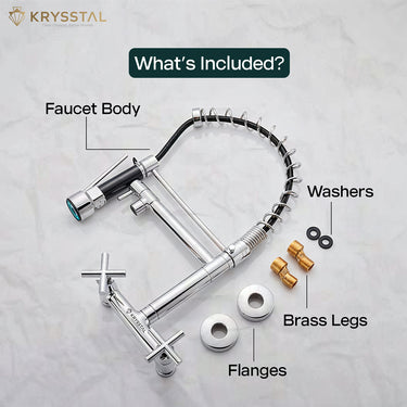 A stainless steel faucet assembly with labeled parts like faucet body, washers, brass legs, flanges on a light gray background.