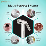 Brass Health Faucet multi-purpose sprayer with usage scenarios on a light blue background
