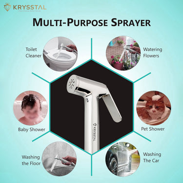 Brass Health Faucet Gun multi-purpose sprayer with usage scenarios on a light blue background