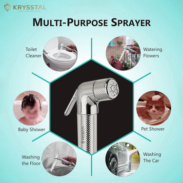 Multi-purpose ABS Health Faucet sprayer with various usage scenarios on a light blue background