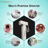 Brass Health Faucet Gun multi-purpose sprayer with usage scenarios on a light blue background