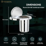 The dimension of the shiny silver toothbrush holder with its feature and warranty on bottom on a green transparent background