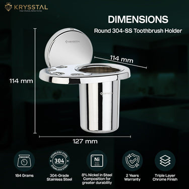 The dimension of the shiny silver toothbrush holder with its feature and warranty on bottom on a green transparent background