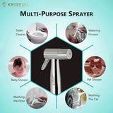 Multi-purpose sprayer with usage for toilet cleaner, baby shower, washing the floor, washing the car, pet shower and watering flowers.