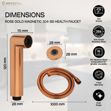 Dimensions of the rose gold health faucet and its parts, with manufacturing details displayed on the right side.