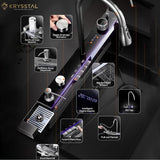 Kitchen sink in stainless steel with integrated faucet and it shows the features & controller in highlighted different square images on a black backdrop. 