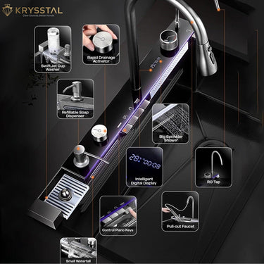 Kitchen sink in stainless steel with integrated faucet and it shows the features & controller in highlighted different square images on a black backdrop. 