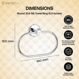 The dimensions of a silver towel ring with width & height and its features showing on the right side on a white golden background