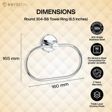 The dimensions of a silver towel ring with width & height and its features showing on the right side on a white golden background